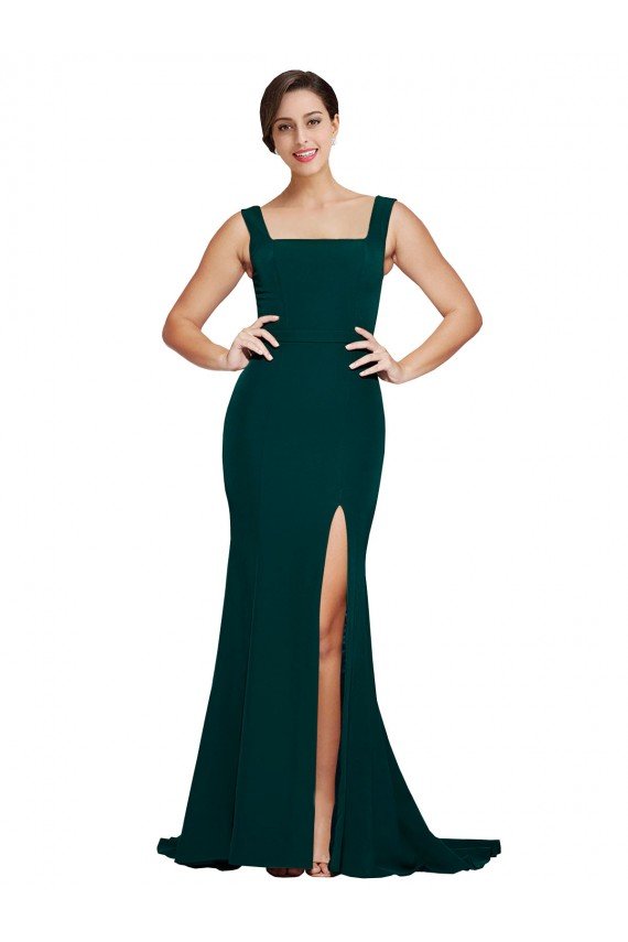 Fitted Square Neck Long Crepe Bridesmaid Dress / Prom Dress with Train and Side Split Bristol