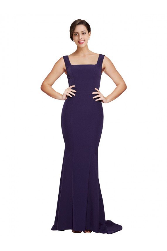 Square Neck Long Sweep Train Crepe Bridesmaid Dress / Prom Dress with Thick Straps Bristol