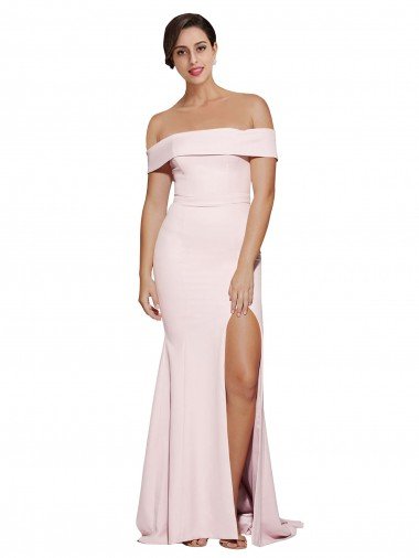 Off Shoulder Long Formal Crepe Bridesmaid Dress / Prom Dress with Straight Neckline and Side Split Bristol