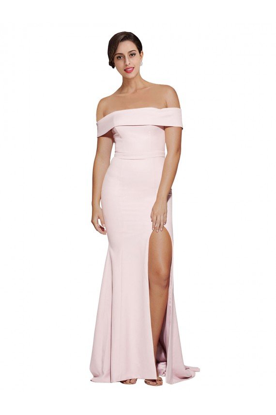 Off Shoulder Long Formal Crepe Bridesmaid Dress / Prom Dress with Straight Neckline and Side Split Bristol