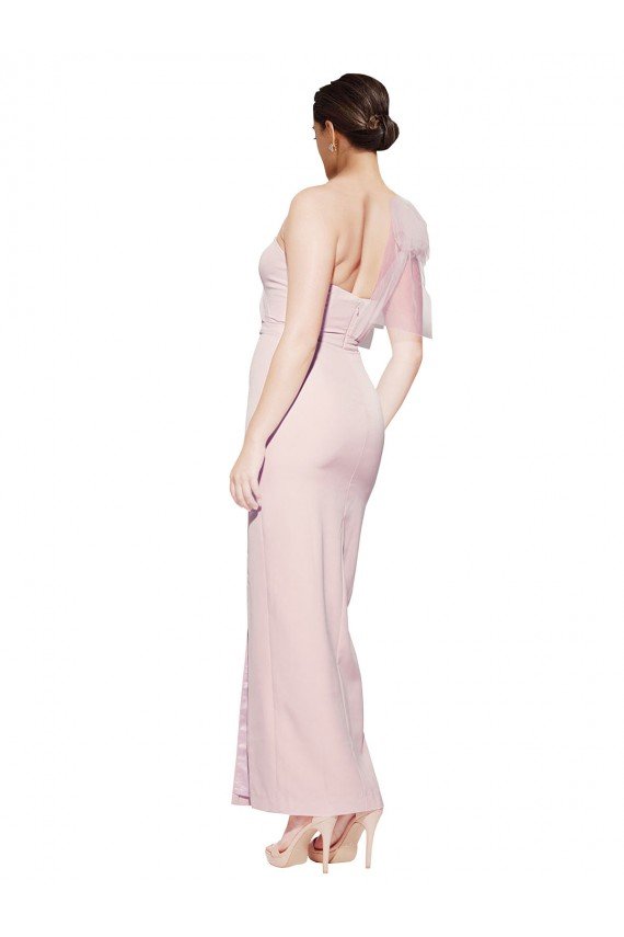 One Shoulder Tulle Overlay Sweetheart Neckline Long Formal Crepe Bridesmaid Drss with Thigh Split Bristol