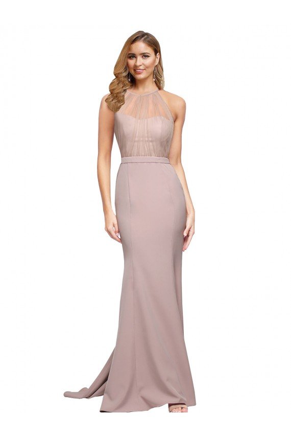 Long Sweetheart Formal Crepe Bridesmaid Dress / Prom Dress with High Neck Illusion Tulle Details Bristol