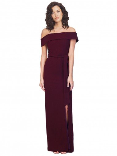 Fitted Full Length Off the Shoulder Formal Crepe Bridesmaid Dress / Prom Dress with Side Split and Waist Tie Bristol