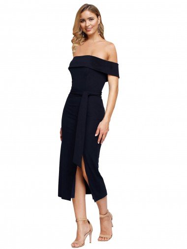 Fitted Short Cocktail Midi Length Off the Shoulder Formal Crepe Bridesmaid Dress / Prom Dress with Side Split and Waist Tie Bristol