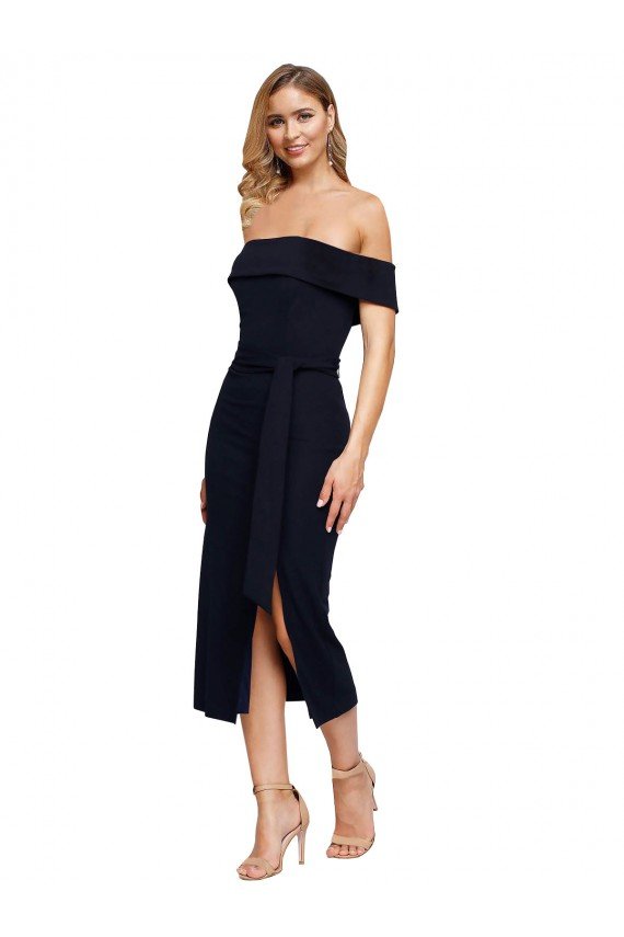 Fitted Short Cocktail Midi Length Off the Shoulder Formal Crepe Bridesmaid Dress / Prom Dress with Side Split and Waist Tie Bristol