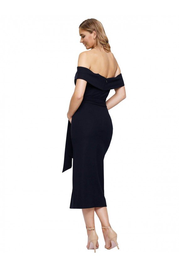 Fitted Short Cocktail Midi Length Off the Shoulder Formal Crepe Bridesmaid Dress / Prom Dress with Side Split and Waist Tie Bristol