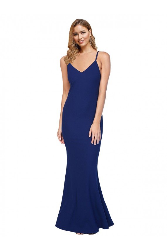 Full Length V-Neckline Formal Crepe Bridesmaid Dress / Prom Dress with Thin Straps and Fulted Skirt Bristol