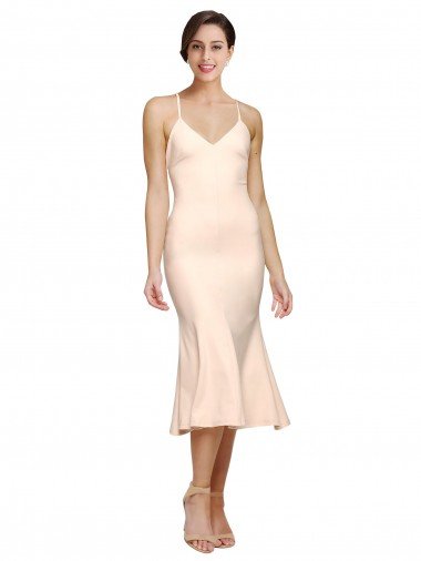 Midi Cocktail Length V-Neckline Crepe Bridesmaid Dress / Prom Dress with Thin Straps and Fulted Skirt Bristol