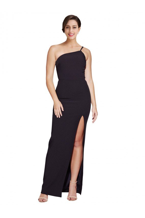 Long Floor Length Formal Crepe Bridesmaid Dress / Prom Dress with Side Split and One Strap Bristol