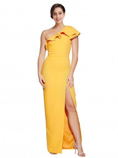 One Shoulder Floor Length Formal Crepe Bridesmaid Dress / Prom Dress with Thigh High Split Bristol