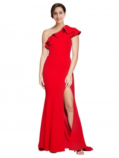 One Shoulder Long Sweep Train Crepe Bridesmaid Dress / Prom Dress with Thigh High Split Bristol