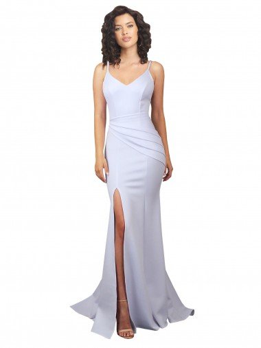 Simple Mermaid V-Neck Long Crepe Beach Wedding Dress with Right Slit Bristol