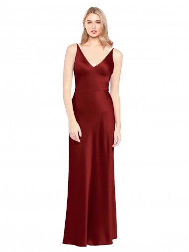 Full Length Long Formal Stretch Satin Slip Bridesmaid Dress / Prom Dress V-Back Bristol