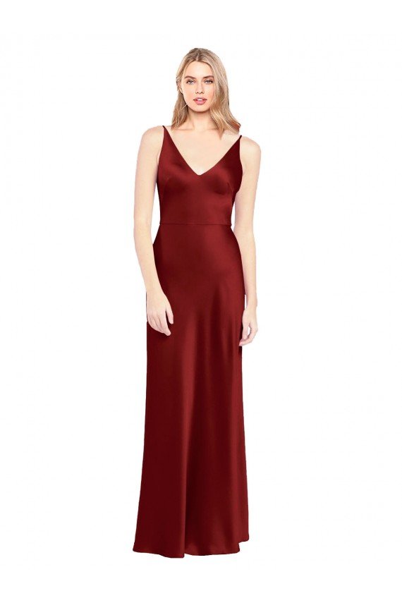 Full Length Long Formal Stretch Satin Slip Bridesmaid Dress / Prom Dress V-Back Bristol