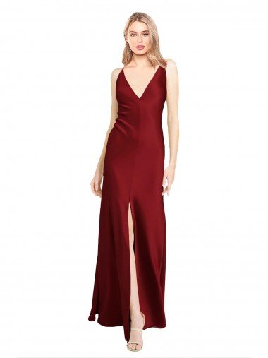 Floor Length Deep V-Back Formal Stretch Satin Bridesmaid Dress / Prom Dress with Front Slit Bristol