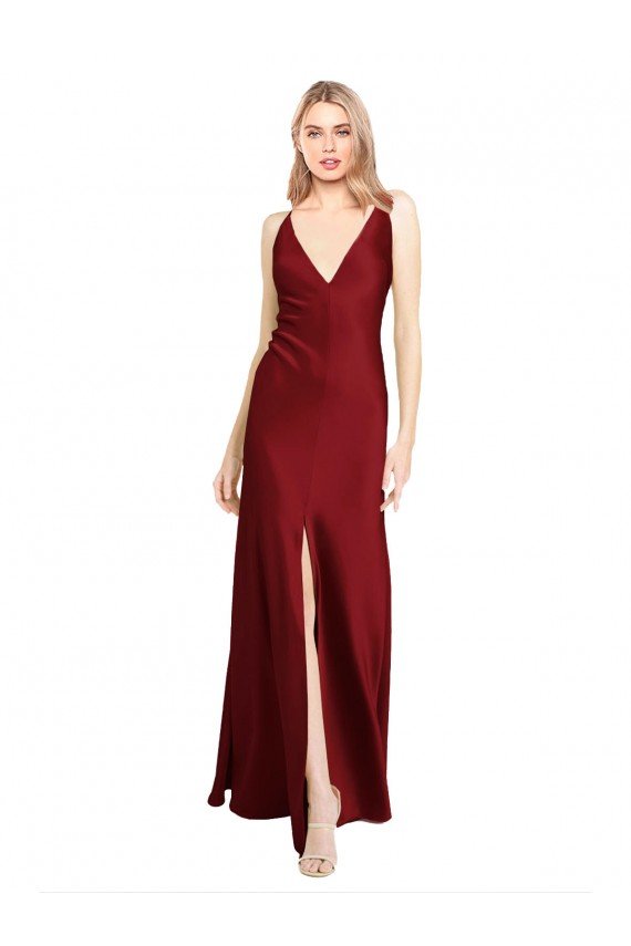 Floor Length Deep V-Back Formal Stretch Satin Bridesmaid Dress / Prom Dress with Front Slit Bristol