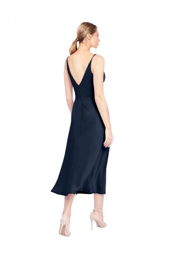 V-Neck Midi Length Short Cocktail Formal Stretch Satin Bridesmaid Dress / Prom Dress V-Back Bristol