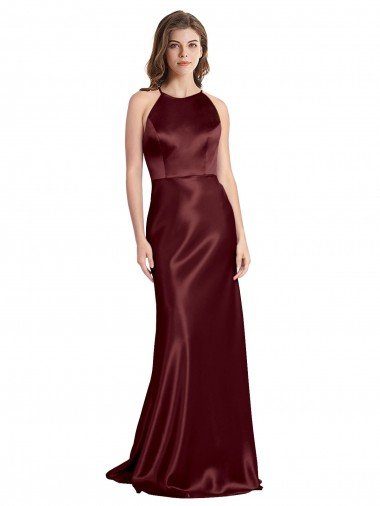 High Neck Halter Long Sleeveless Formal Stretch Satin Bridesmaid Dress / Prom Dress with Strappy Back Bristol