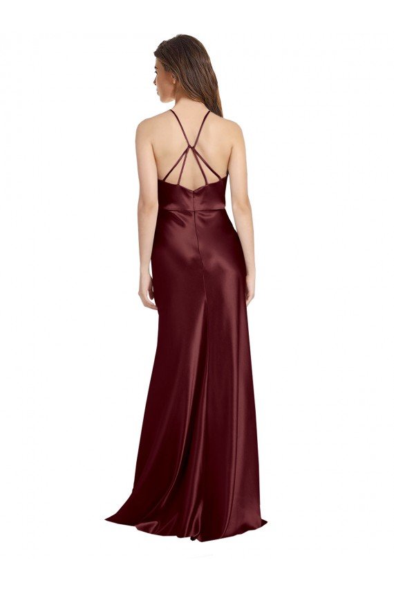 High Neck Halter Long Sleeveless Formal Stretch Satin Bridesmaid Dress / Prom Dress with Strappy Back Bristol