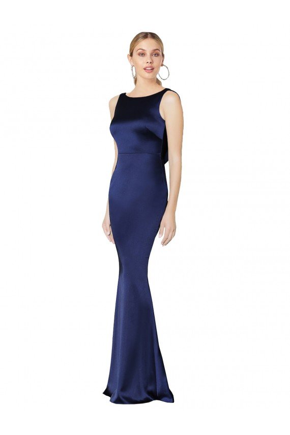 Sheath High Neck Formal Stretch Satin Bridesmaid Dress / Prom Dress Low Back Bristol