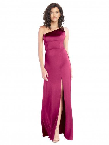 Sleek One Shoulder A-Line Long Formal Stretch Satin Bridesmaid Dress / Prom Dress with Spaghetti Straps Back Bristol