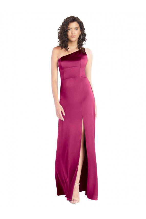 Sleek One Shoulder A-Line Long Formal Stretch Satin Bridesmaid Dress / Prom Dress with Spaghetti Straps Back Bristol
