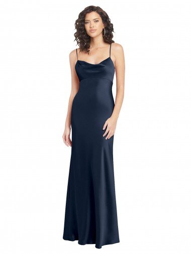 Cowl Neck Long Empire Waist Formal Stretch Satin Bridesmaid Dress with Open Back Bristol