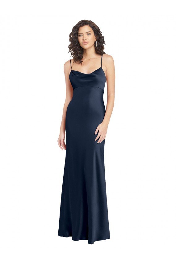 Cowl Neck Long Empire Waist Formal Stretch Satin Bridesmaid Dress with Open Back Bristol