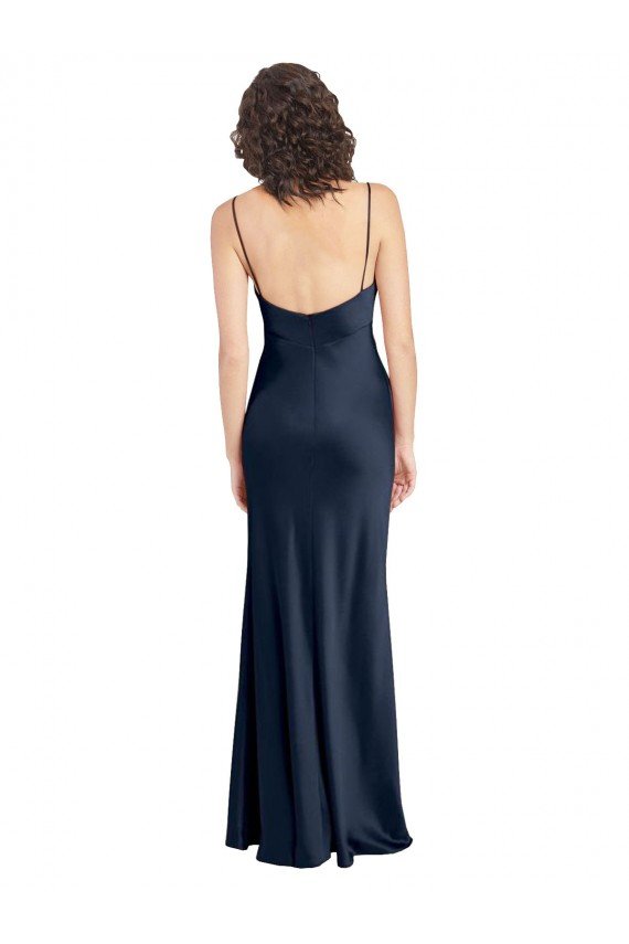 Cowl Neck Long Empire Waist Formal Stretch Satin Bridesmaid Dress with Open Back Bristol