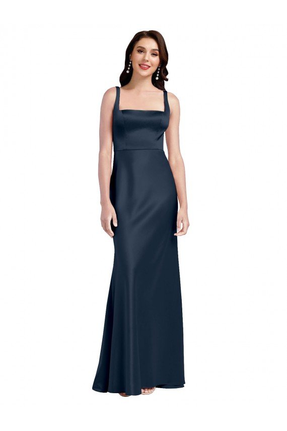 Square Neck A-Line Long Formal Stretch Satin Bridesmaid Dress / Prom Dress with Wide Straps Bristol