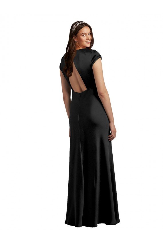 Plunging V-Neck Cap Cleeves Long Formal Stretch Satin Bridesmaid Dress / Prom Dress with Keyhole Back Bristol