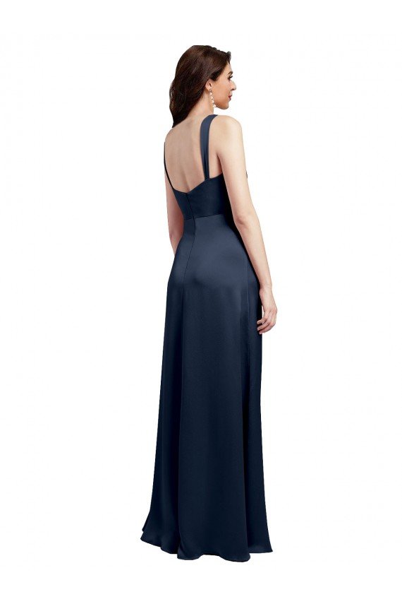 Cowl Neck Soft Long Formal Stretch Satin Bridesmaid Dress / Prom Dress with Side Slit and Pleated Straps Bristol