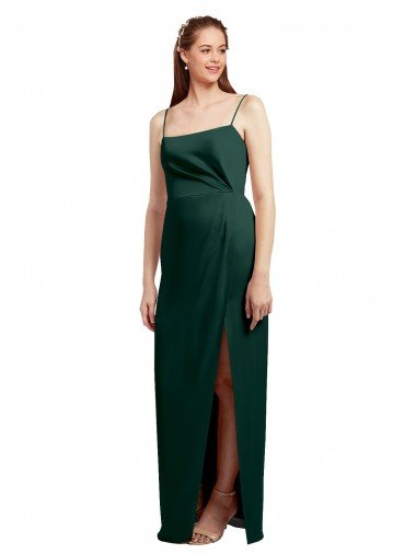Sleek Straight Neckline Long Wrap Formal Stretch Satin Bridesmaid Dress / Prom Dress with Angled Pleats Bristol