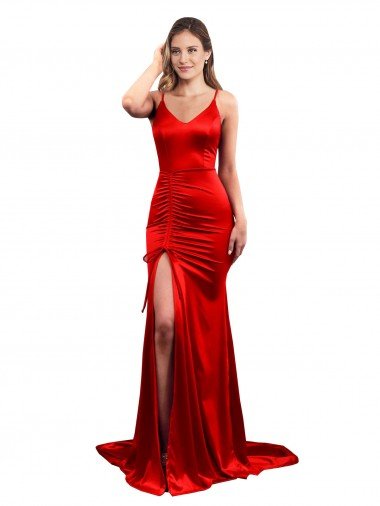 Long Pleated Formal Stretch Satin Bridesmaid Dress / Prom Dress with High Slit Bristol