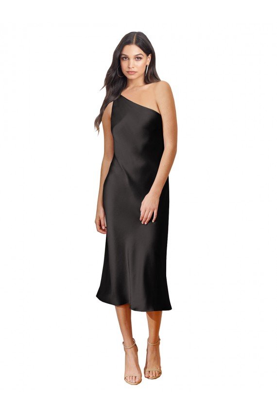 Sleek One Shoulder Midi Length Short Cocktail Formal Stretch Satin Slip Bridesmaid Dress / Prom Dress Bristol