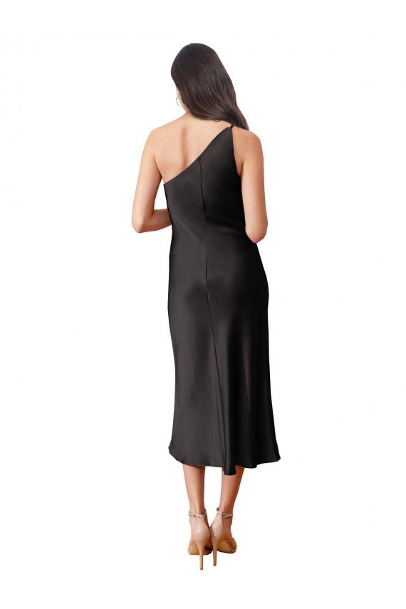 Sleek One Shoulder Midi Length Short Cocktail Formal Stretch Satin Slip Bridesmaid Dress / Prom Dress Bristol