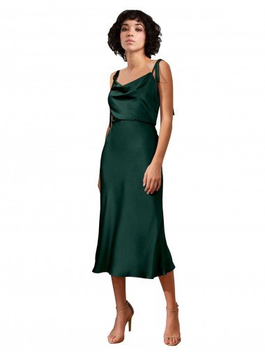 Spaghetti Straps Tie Shoulders Cowl Neck Short Midi Length Formal Stretch Satin Cocktail Bridesmaid Dress / Prom Dress Bristol