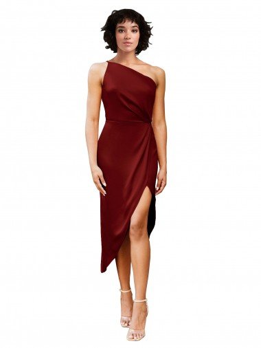 One Shoulder Cocktail Midi Length Short Formal Stretch Satin Wrap Style Bridesmaid Dress / Prom Dress Bristol