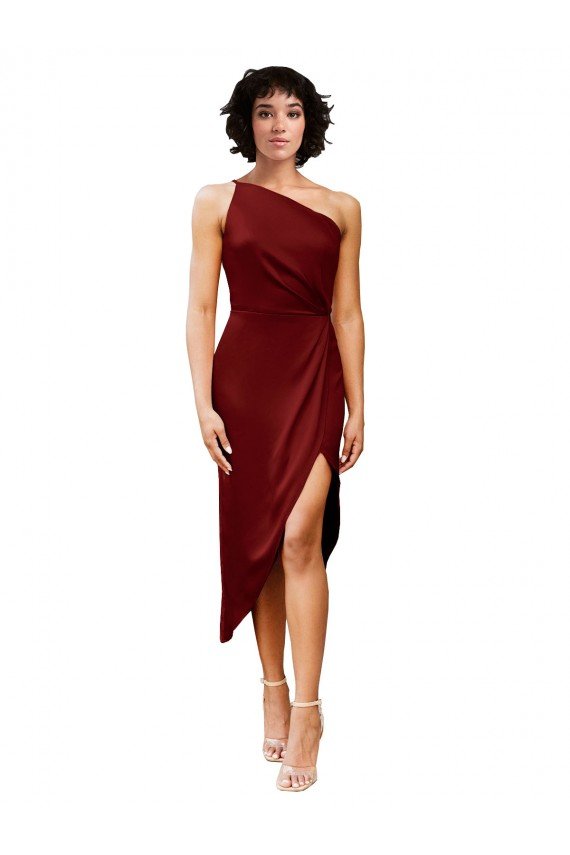 One Shoulder Cocktail Midi Length Short Formal Stretch Satin Wrap Style Bridesmaid Dress / Prom Dress Bristol