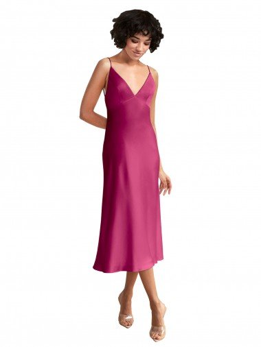 Midi Length V-Neck Short Formal Stretch Satin Bridesmaid Dress / Cocktail Prom Dress with Low Scoop Back Bristol
