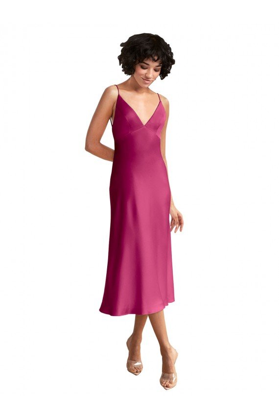 Midi Length V-Neck Short Formal Stretch Satin Bridesmaid Dress / Cocktail Prom Dress with Low Scoop Back Bristol