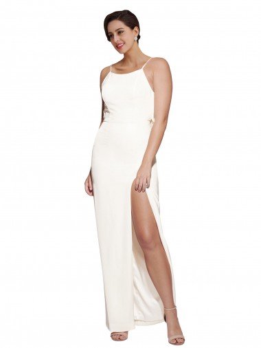 High Neck Formal Stretch Satin Bridesmaid Dress / Prom Dress with Low Back and Side Slit Bristol