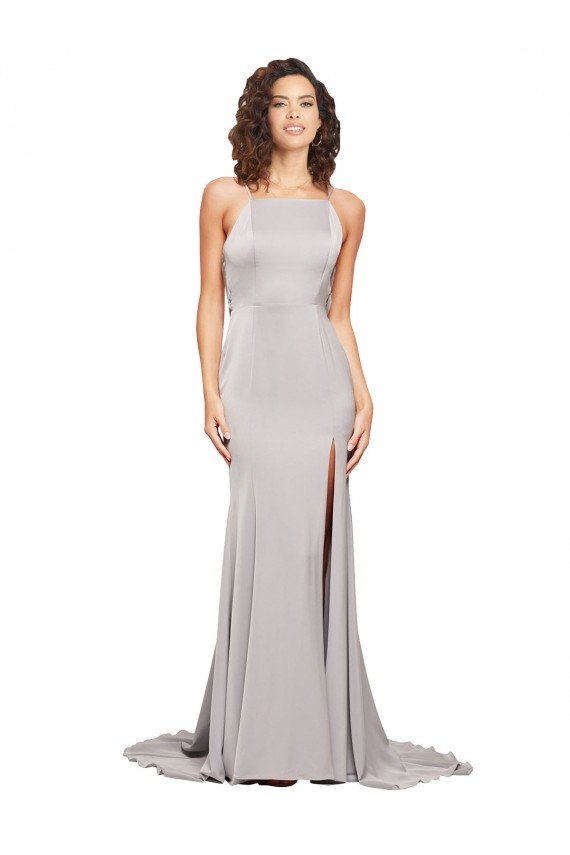 High Neck Low Back Long Full Length Formal Stretch Satin Bridesmaid Dress / Prom Dress Bristol