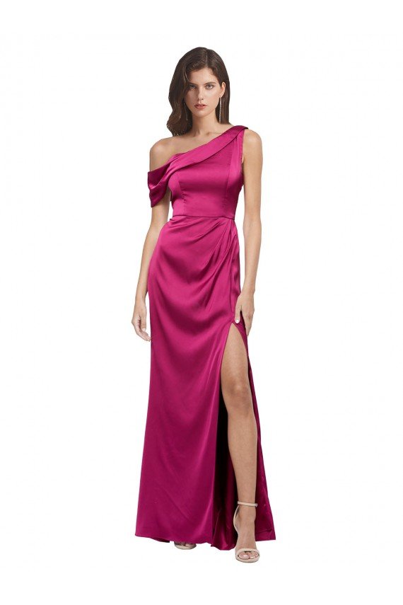 Off the Shoulder Short Sleeves Formal Stretch Satin Bridesmaid Dress / Prom Dress with Side Slit Bristol