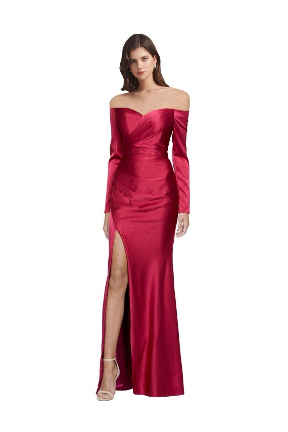 Long Sleeves Off the Shoulder Formal Stretch Satin Bridesmaid Dress / Prom Dress with High Side Split Bristol