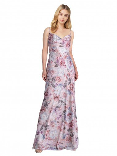 Draped Cowl Neck Long Printed Formal Stretch Satin Bridesmaid Dress Bristol