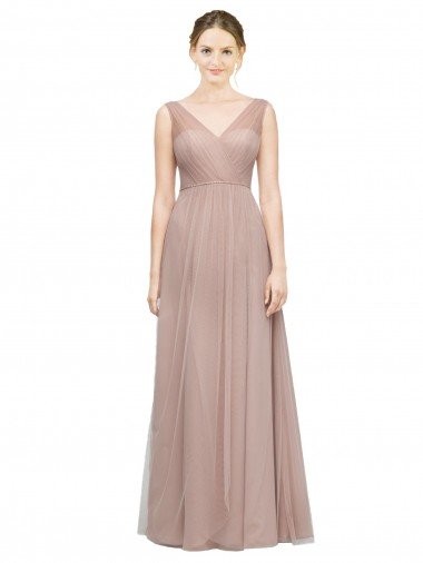 Full Length Draped Long V-Neck Tulle Bridesmaid Dress Bristol