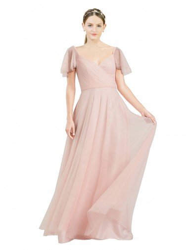 Long V-Neck Flutter Sleeves Tulle Bridesmaid Dress Bristol