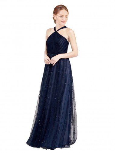 Floor Length Long Halter Pleated Tulle Bridesmaid Dress Bristol