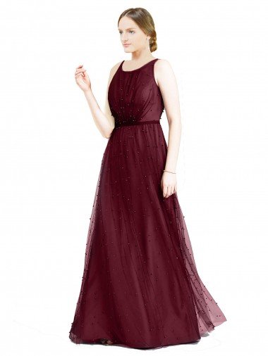 Sleeveless Boat Neck Long Pearl Tulle Bridesmaid Dress with Keyhole Back Bristol